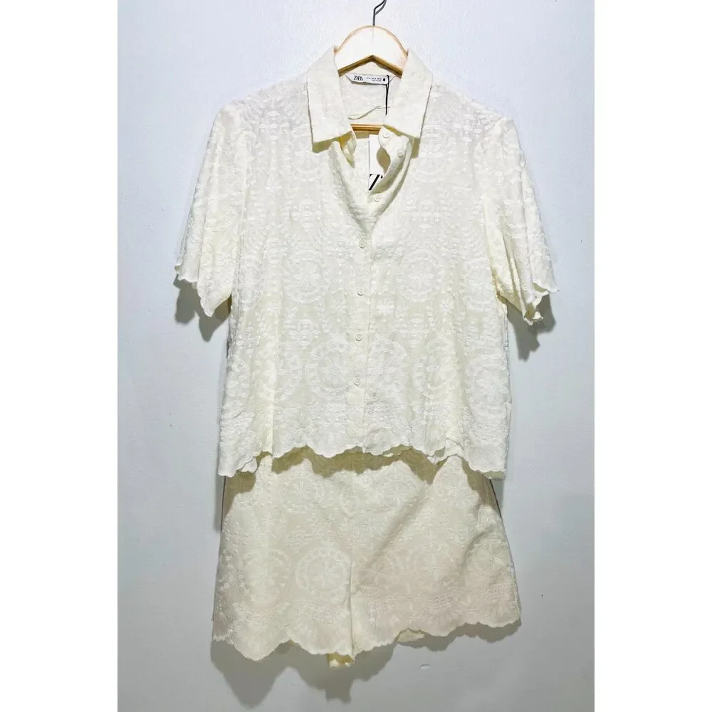 Zara collection embroidered bermuda short suit linen blend cottage women XL New